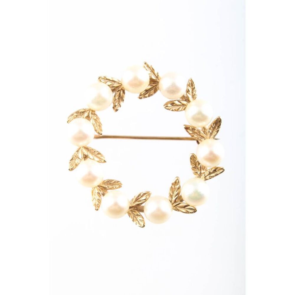 Designer Womens 14k Yellow Gold Vintage Round Pearl Leaf Pin Brooch